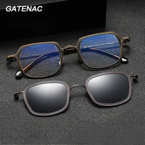 Gatenac Unisex Full Rim Square Titanium Eyeglasses Clip On Polarized Sunglasses Gxyj1463