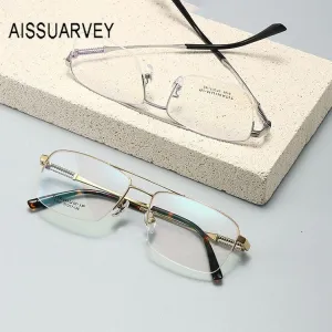 Aissuarvey Men's Large Semi Rim Square Titanium Frame Eyeglasses 8126