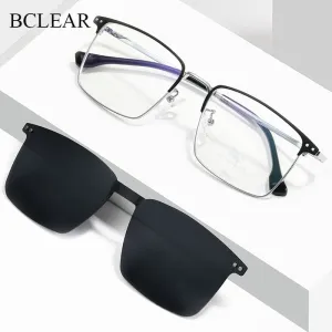 Bclear Men's Full Rim Square Alloy Frame Eyeglasses With Clip On Polarized Sunglasses Zt94016