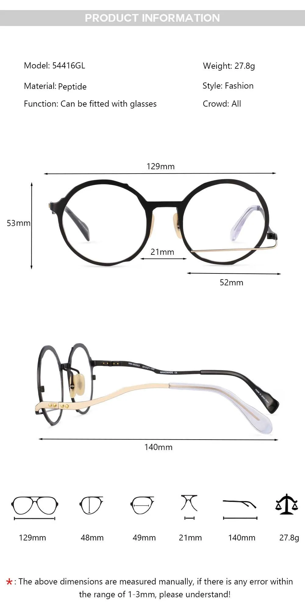 CCSpace Unisex Full Rim Irregular Round Alloy Frame Eyeglasses 54416