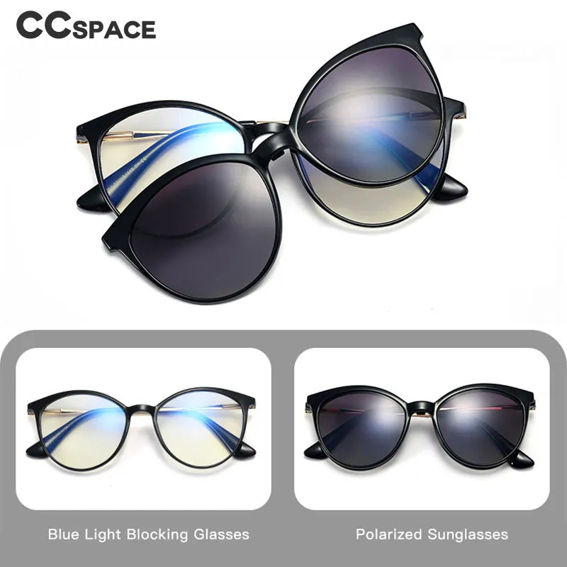 CCspace Unisex Full Rim Round Cat Eye Tr 90 Titanium Frame Eyeglasses Clip On Sunglasses 48344