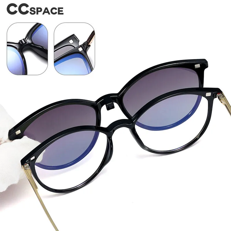 CCspace Unisex Full Rim Round Cat Eye Tr 90 Titanium Frame Eyeglasses Clip On Sunglasses 48344