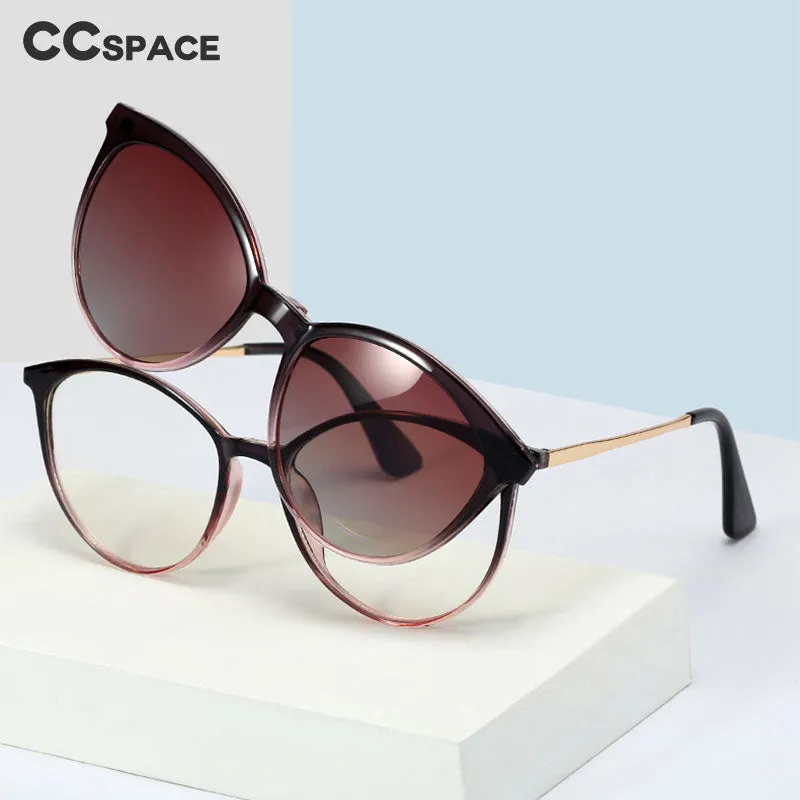 CCspace Unisex Full Rim Round Cat Eye Tr 90 Titanium Frame Eyeglasses Clip On Sunglasses 48344