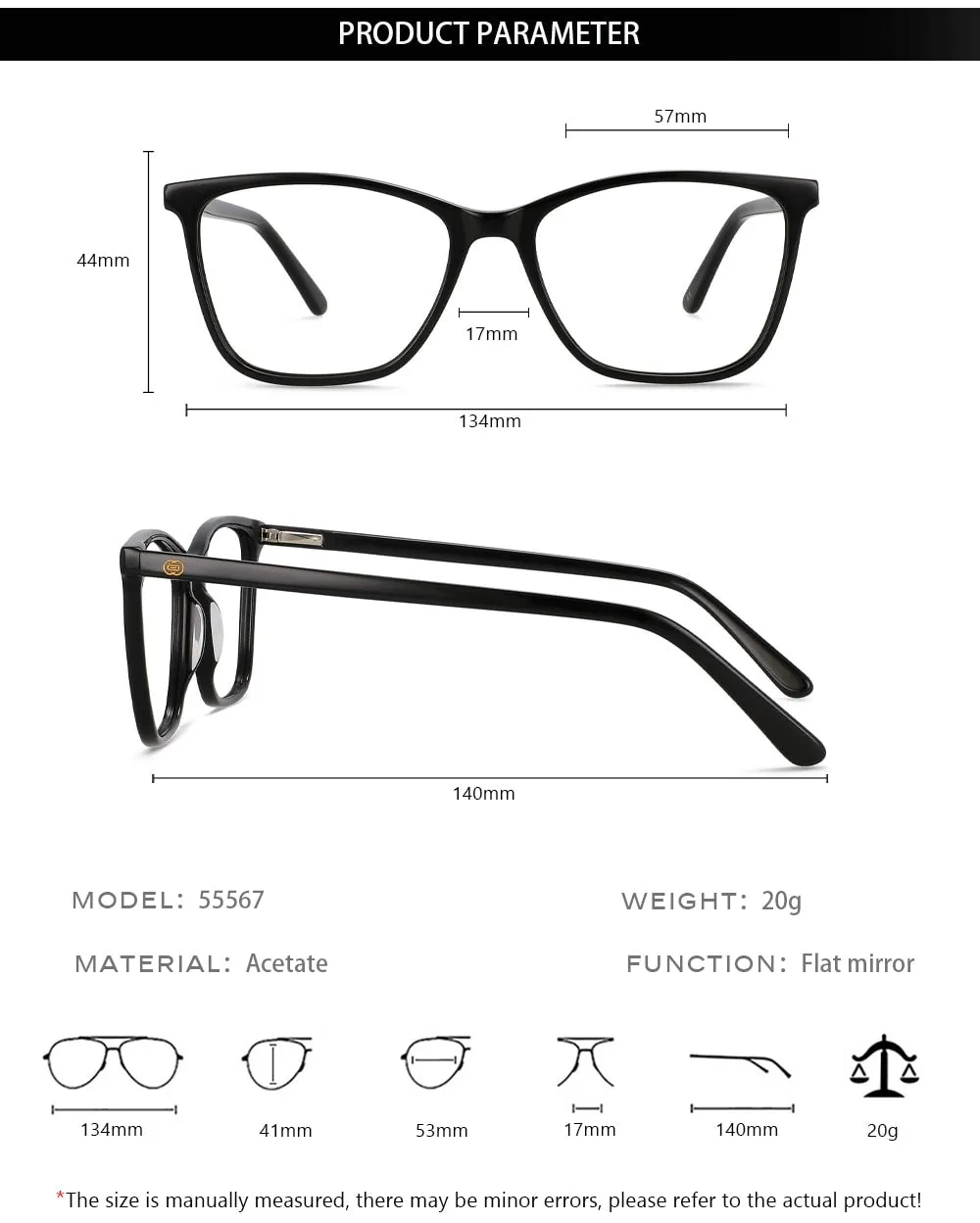 CCspace Unisex Full Rim Square Cat Eye Acetate Eyeglasses 55567