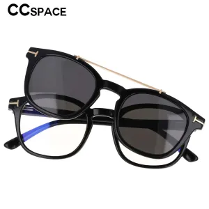 CCspace Unisex Full Rim Square Tr 90 Titanium Frame Eyeglasses Double Bridge Clip On Sunglasses 53375