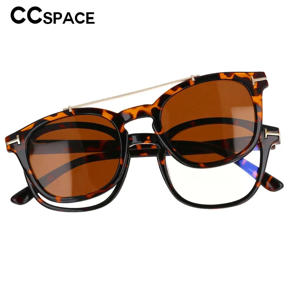 CCspace Unisex Full Rim Square Tr 90 Titanium Frame Eyeglasses Double Bridge Clip On Sunglasses 53375