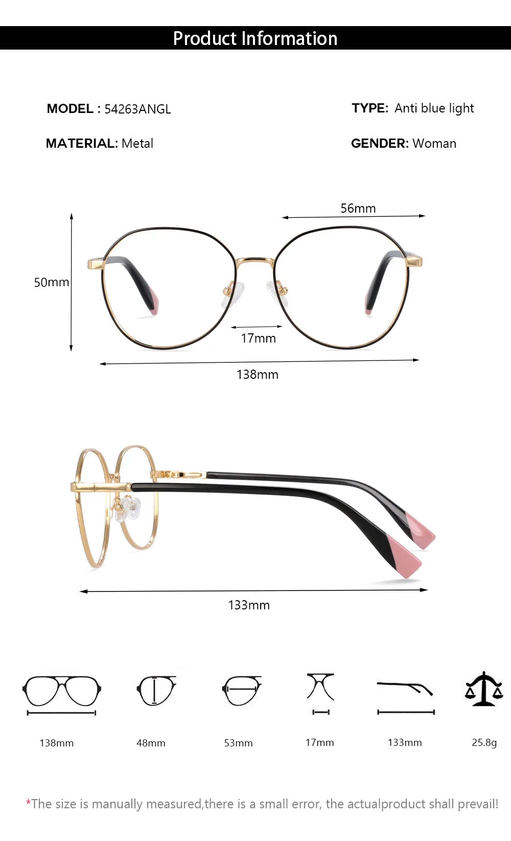 CCspace Women's Full Rim Round Acetate Alloy Frame Eyeglasses 54263