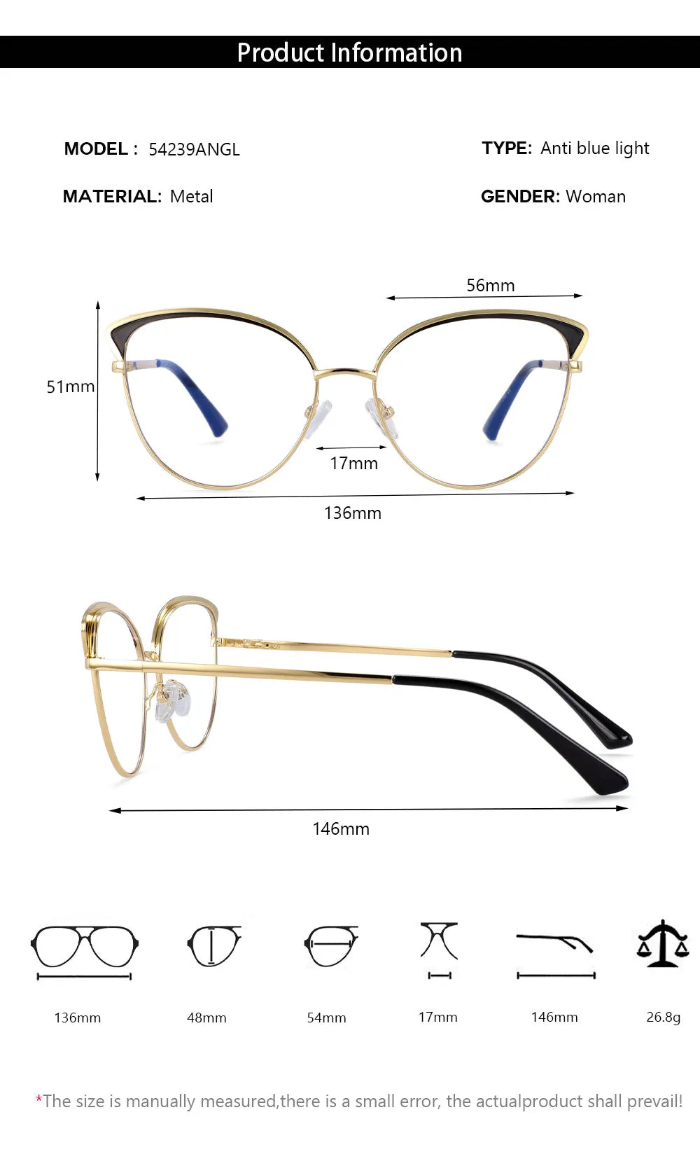 CCspace Women's Full Rim Round Cat Eye Acetate Alloy Eyeglasses 54239