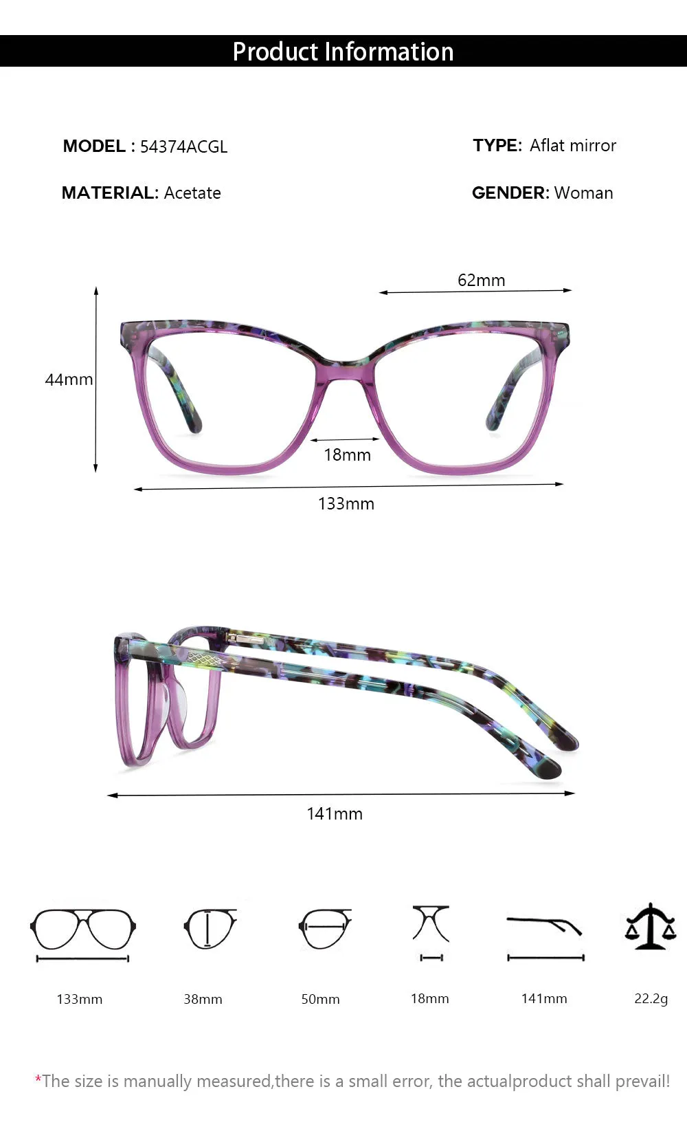 CCspace Women's Full Rim Square Acetate Frame Eyeglasses 54374