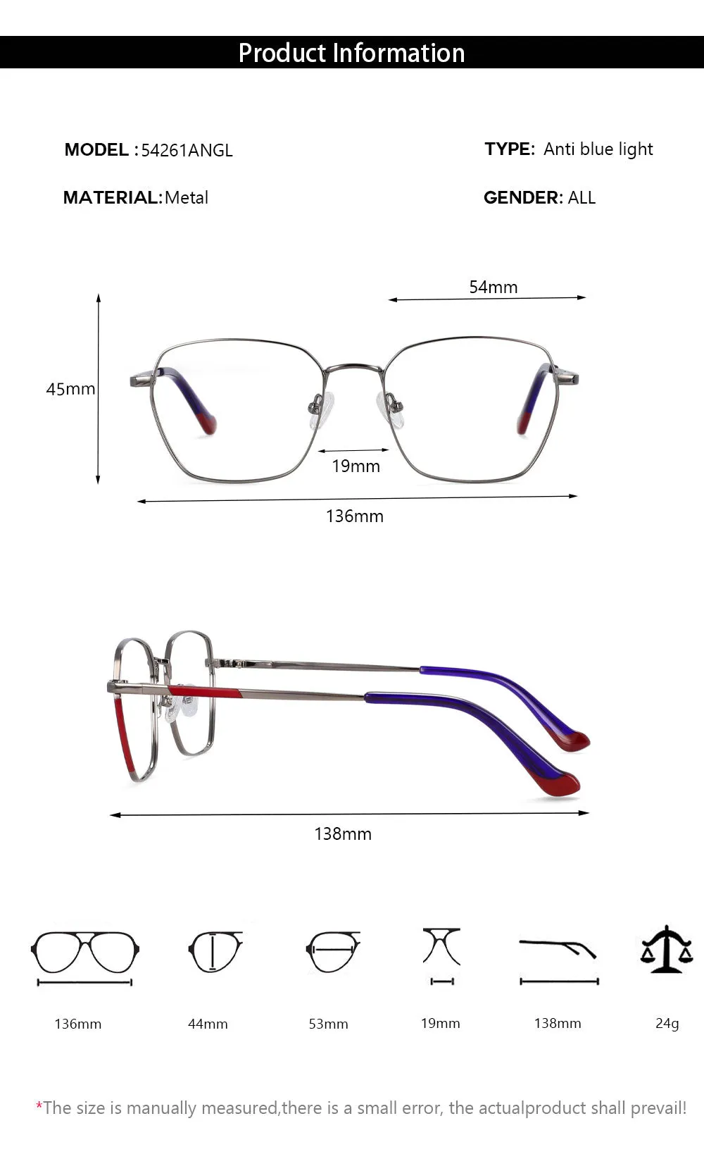 CCspace Women's Full Rim Square Alloy Frame Eyeglasses 54261