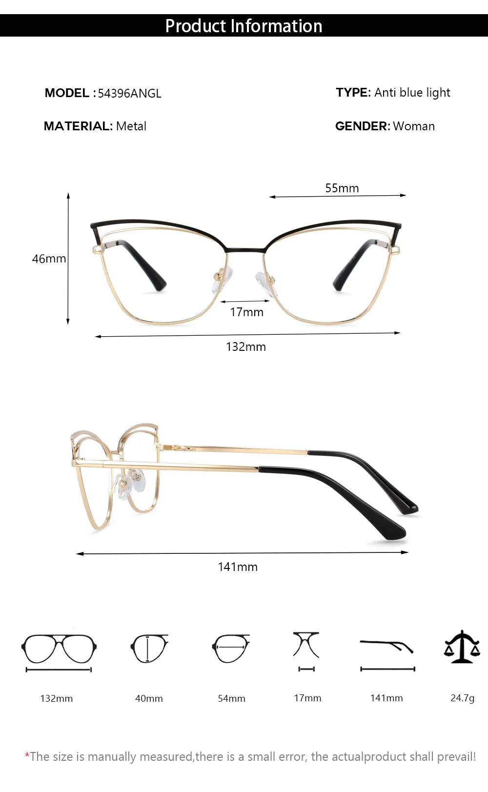 CCspace Women's Full Rim Square Cat Eye Alloy Frame Eyeglasses 54396