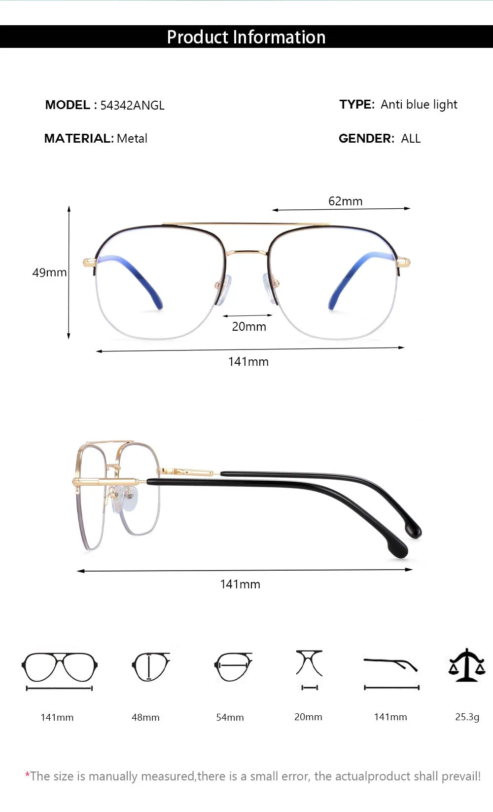 CCspace Women's Semi Rim Round Square Alloy Double Bridge Frame Eyeglasses 54342