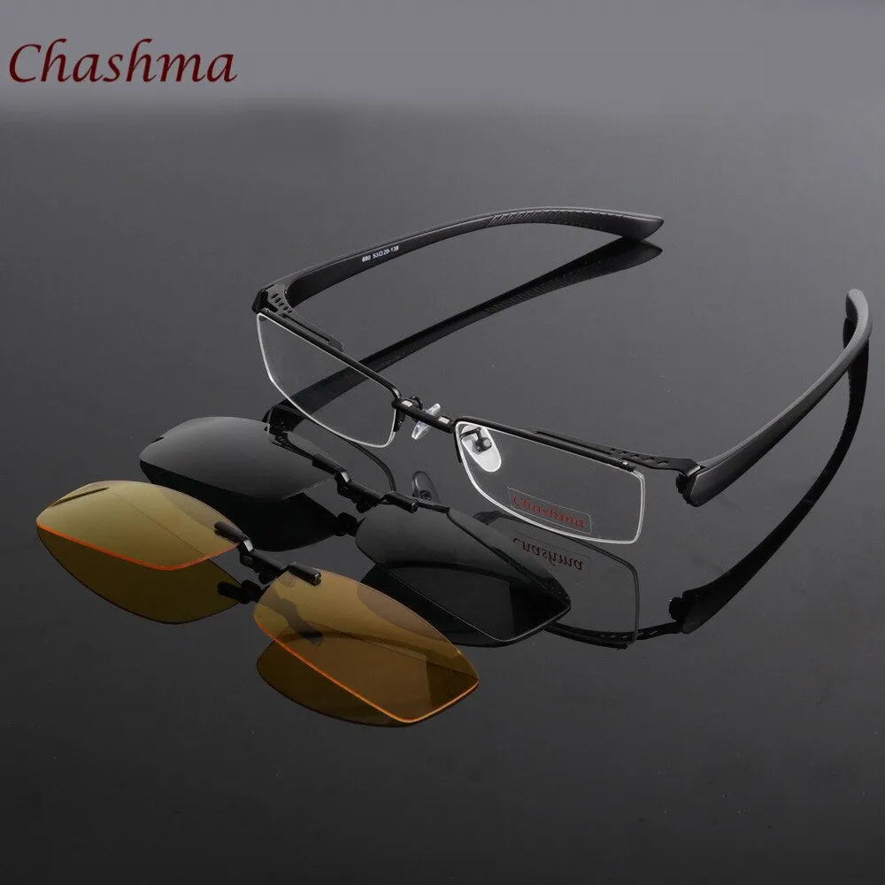 Chashma Ochki Men's Semi Rim Rectangle Alloy Eyeglasses Clip On Polarized Sunglasses 680