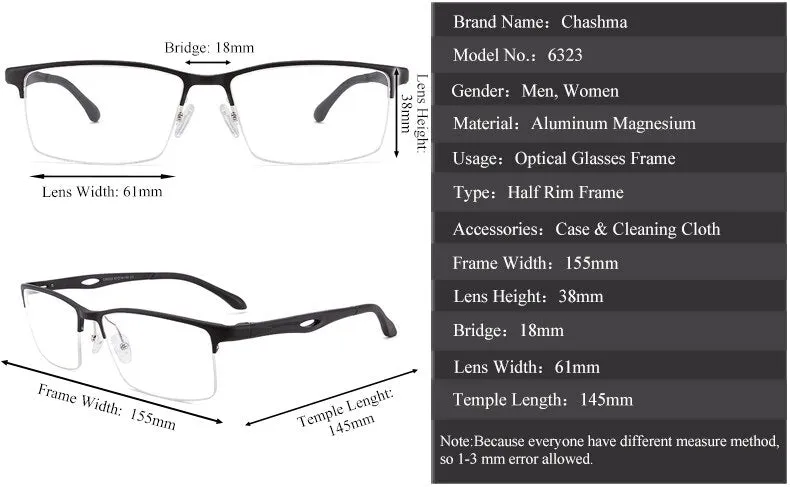 Chashma Ochki Unisex Large Semi Rim Square Aluminum Magnesium Sport Eyeglasses 6323