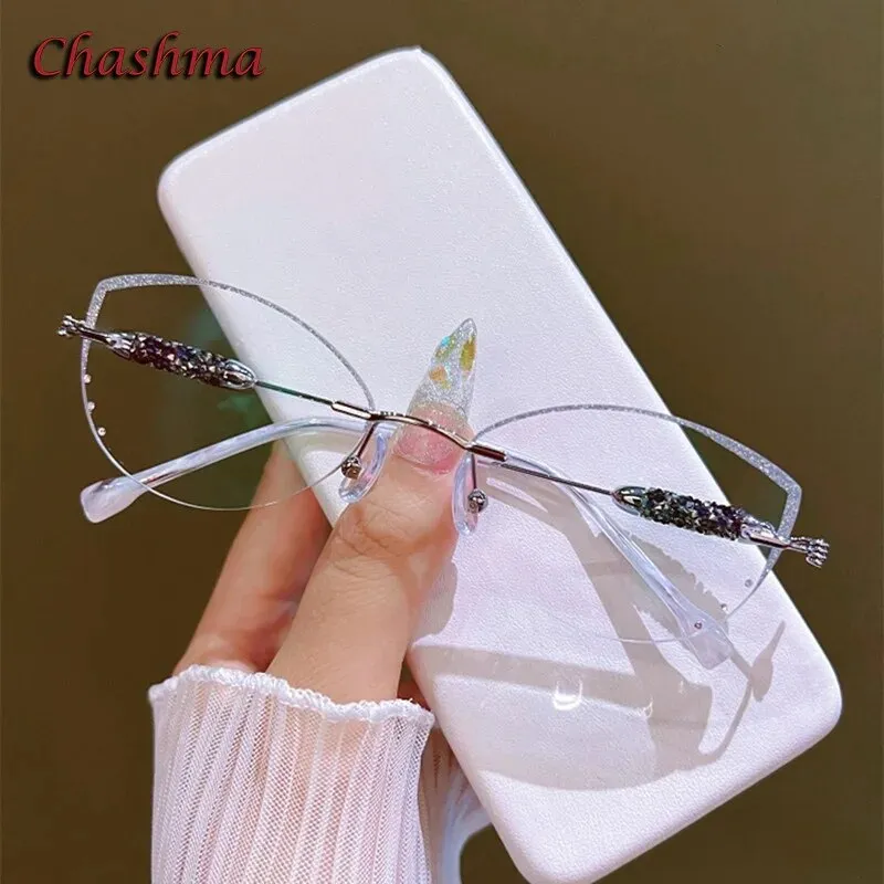 Chashma Ochki Women's Rimless Cat Eye Titanium Glitter Edge Eyeglasses H1