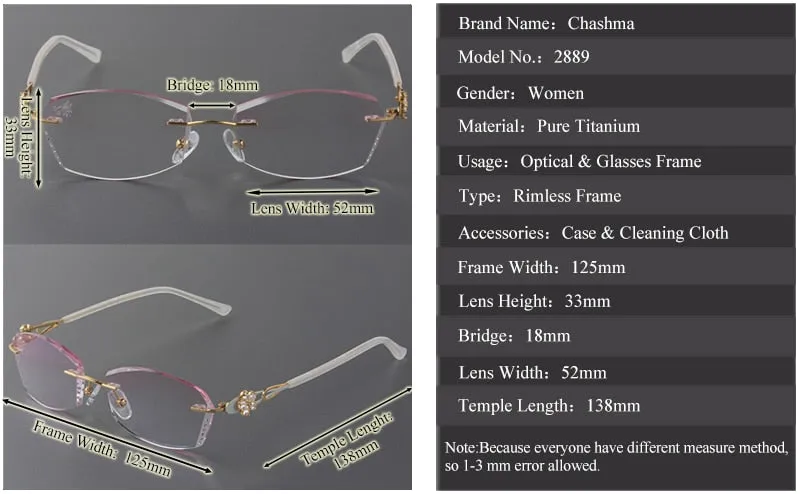 Chashma Ochki Women's Rimless Oval Rectangle Titanium Eyeglasses 2889c Tinted Lenses