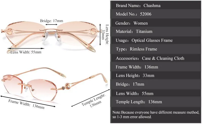 Chashma Ochki Women's Rimless Oval Rectangle Titanium Eyeglasses 52006