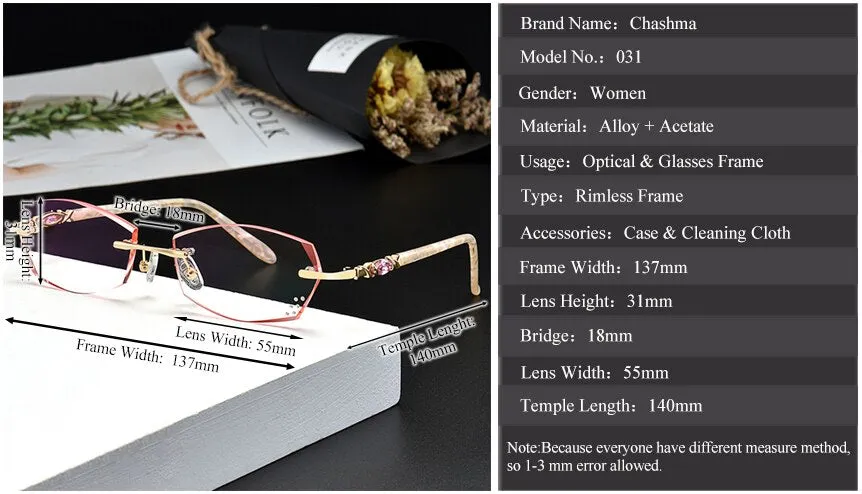 Chashma Ochki Women's Rimless Oval Square Titanium Eyeglasses Tinted Lenses E031