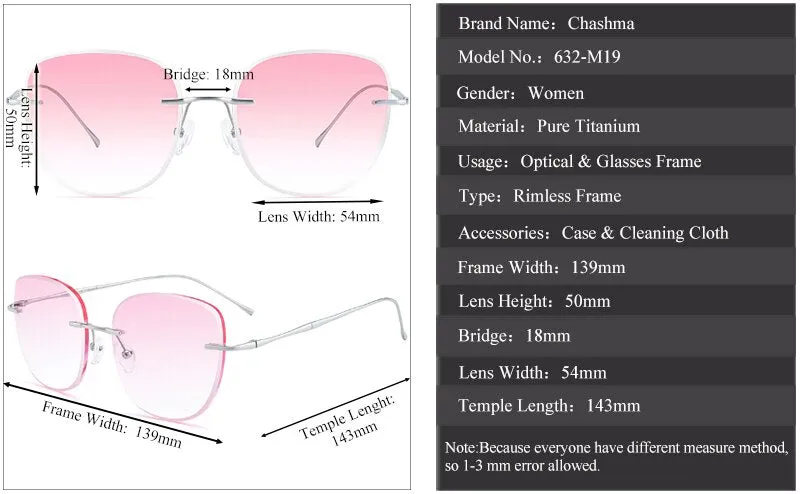 Chashma Ochki Women's Rimless Oversized Square Titanium Eyeglasses 63219 Tinted