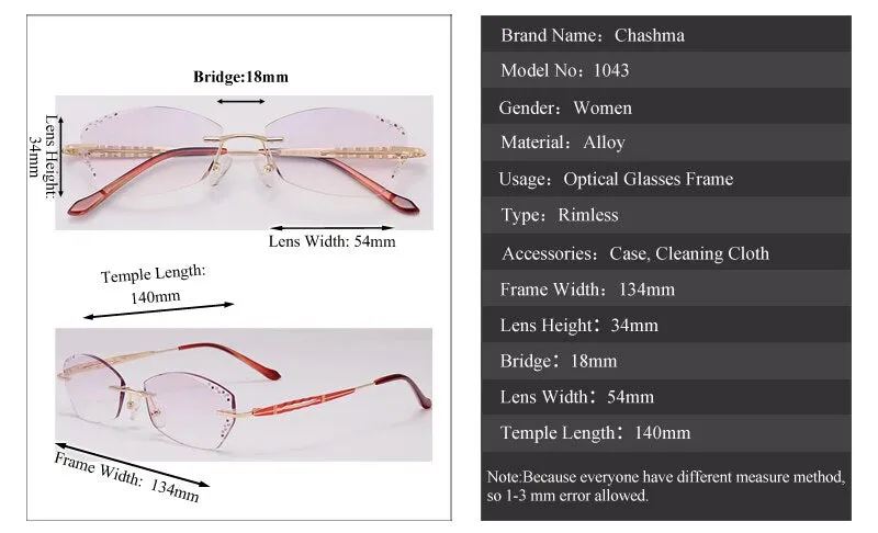 Chashma Ochki Women's Rimless Square Oval Titanium Eyeglasses Tinted Demo Lenses 1043