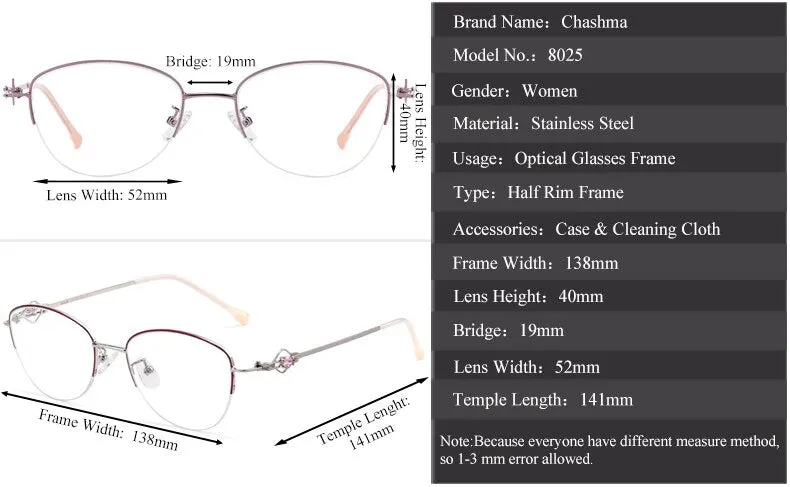 Chashma Ochki Women's Semi Rim Square Cat Eye Stainless Steel Eyeglasses 8025