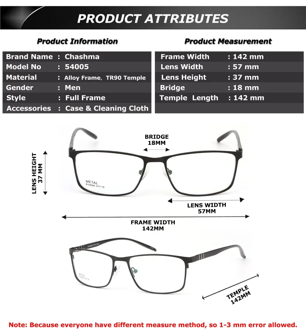 Chashma Ottica Men's Full Rim Large Square Tr 90 Alloy Eyeglasses 54005