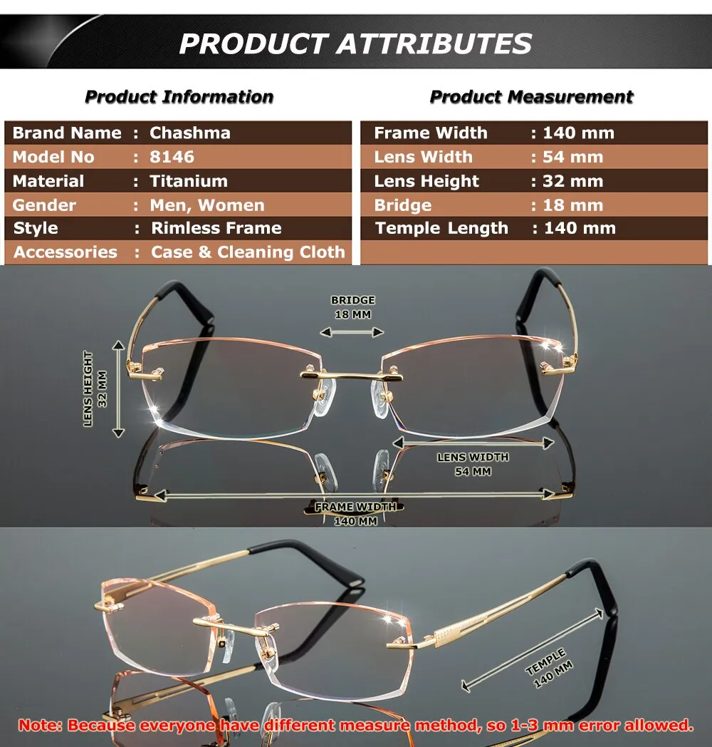 Chashma Ottica Men's Rimless Rectangle Titanium Eyeglasses Tinted Lenses 8146