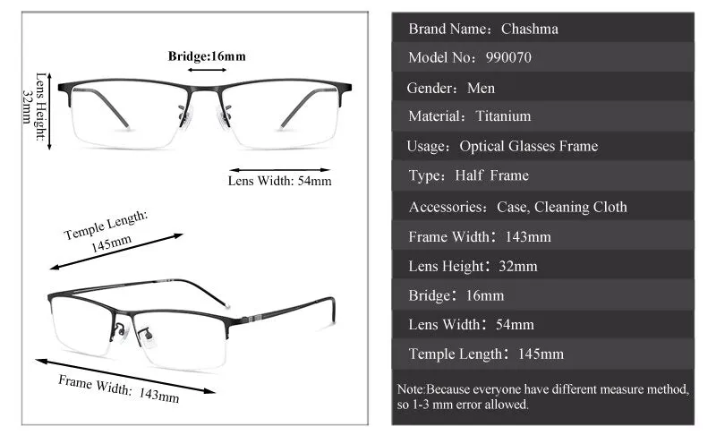 Chashma Ottica Men's Semi Rim Square Titanium Eyeglasses 990070