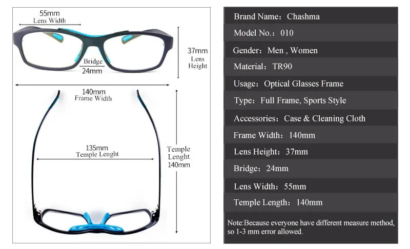 Chashma Ottica Unisex Full Rim Square Tr 90 Titanim Sport Goggle Eyeglasses 010