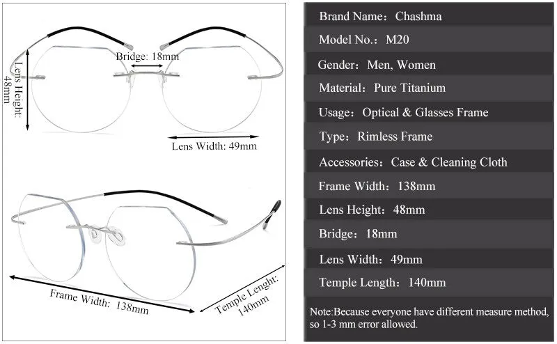 Chashma Ottica Unisex Rimless Flat Top Round Titanium Eyeglasses M20