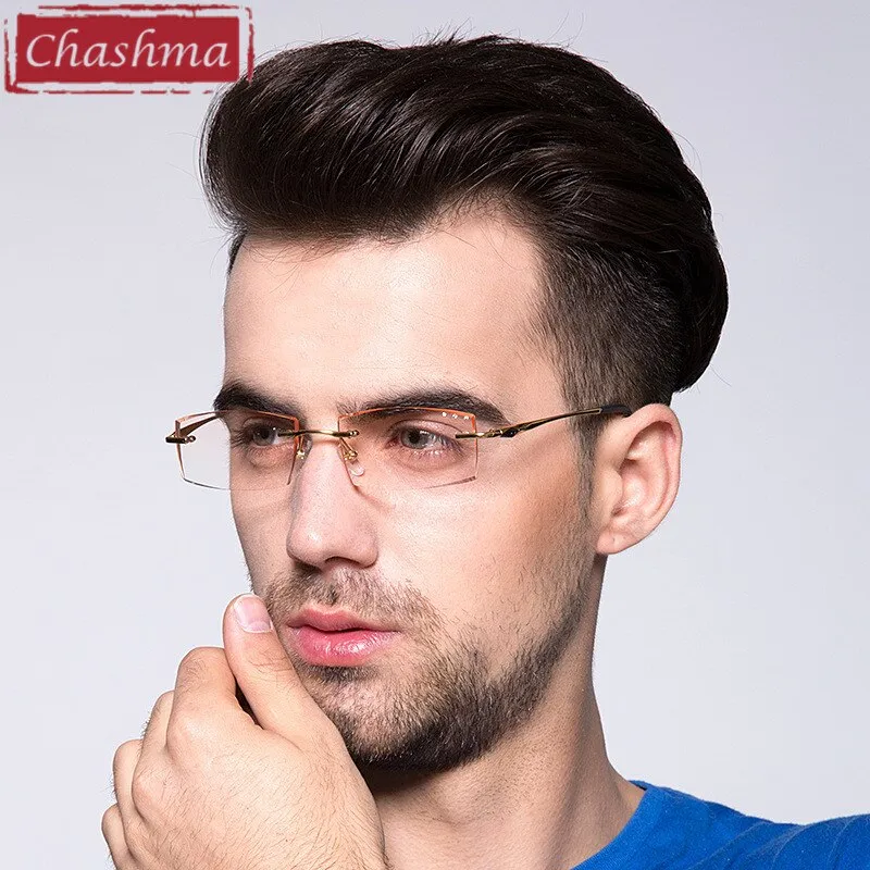 Chashma Ottica Unisex Rimless Square Rectangle Titanium Eyeglasses Tinted Lenses 65077