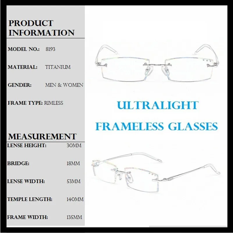 Chashma Ottica Unisex Rimless Square Rectangle Titanium Eyeglasses Tinted Lenses 65077