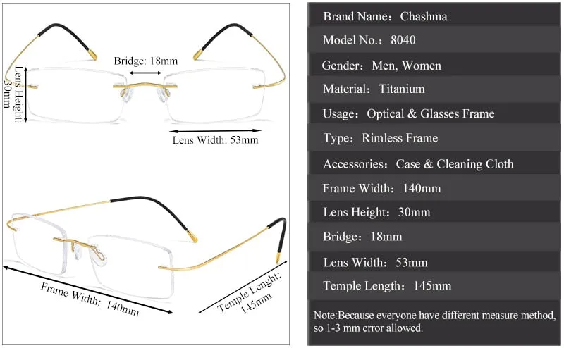 Chashma Ottica Unisex Rimless Square Titanium Eyeglasses 8040