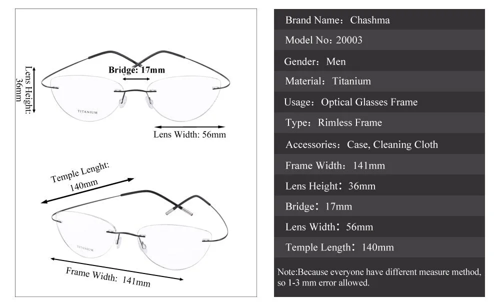 Chashma Ottica Unisex Rimless Triangle Cat Eye Tr 90 Titanium Eyeglasses 20003