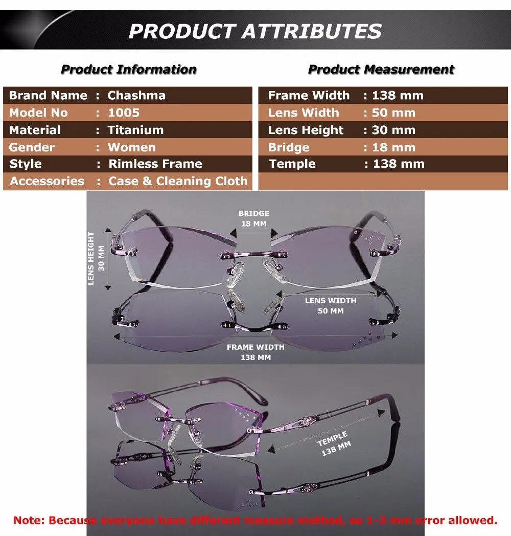 Chashma Ottica Women's Rimless Irregular Square Titanium Eyeglasses Tinted Lenses 1005