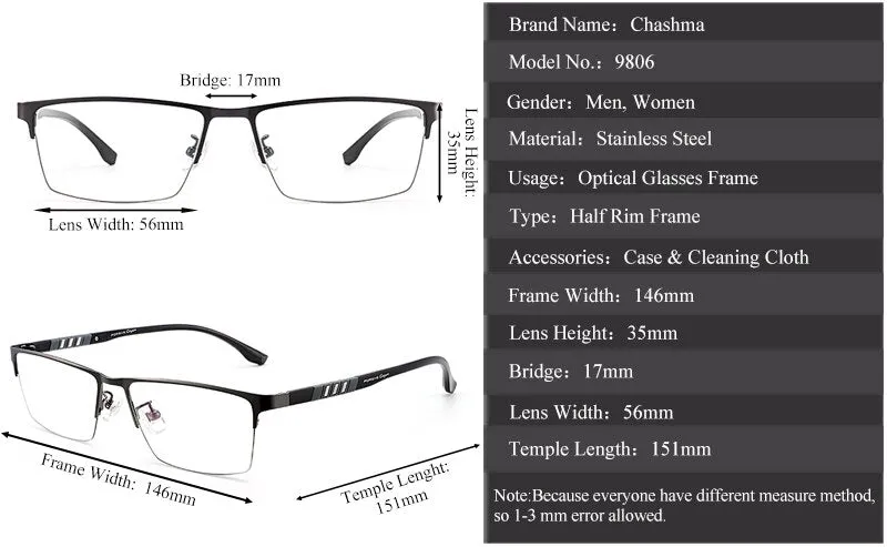 Chashma Unisex Semi Rim Stainless Steel Frame Eyeglasses