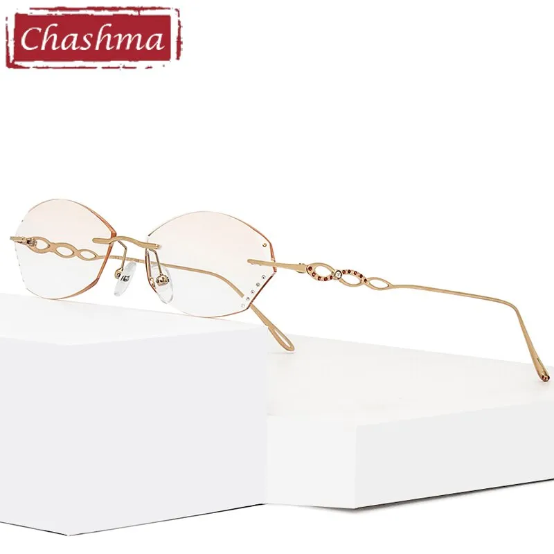 Chashma Women's Eyeglasses Rimless Gold Red Titanium Diamond Trimmed Tint Lens