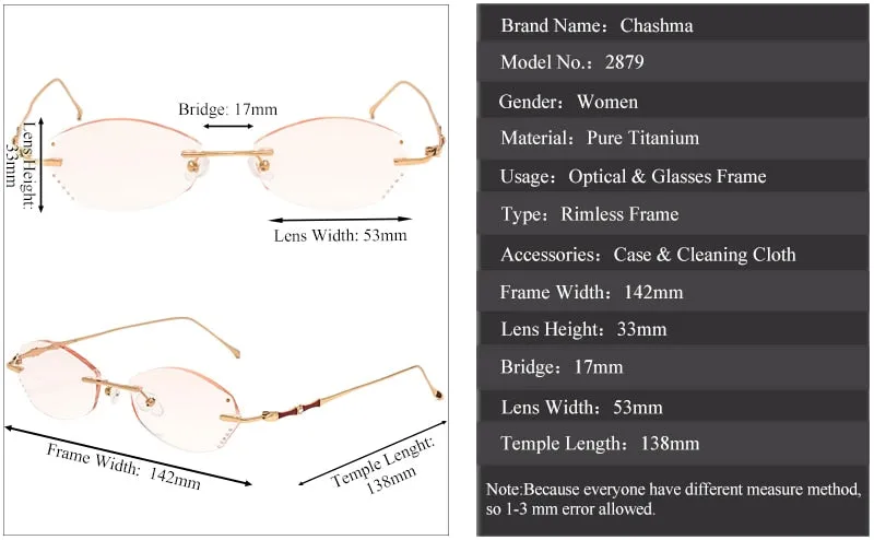 Chashma Women's Eyeglasses Rimless Gold Red Titanium Diamond Trimmed Tint Lens