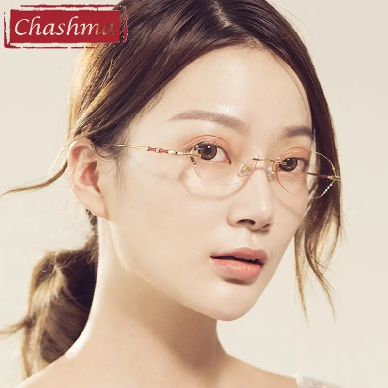 Chashma Women's Eyeglasses Rimless Gold Red Titanium Diamond Trimmed Tint Lens