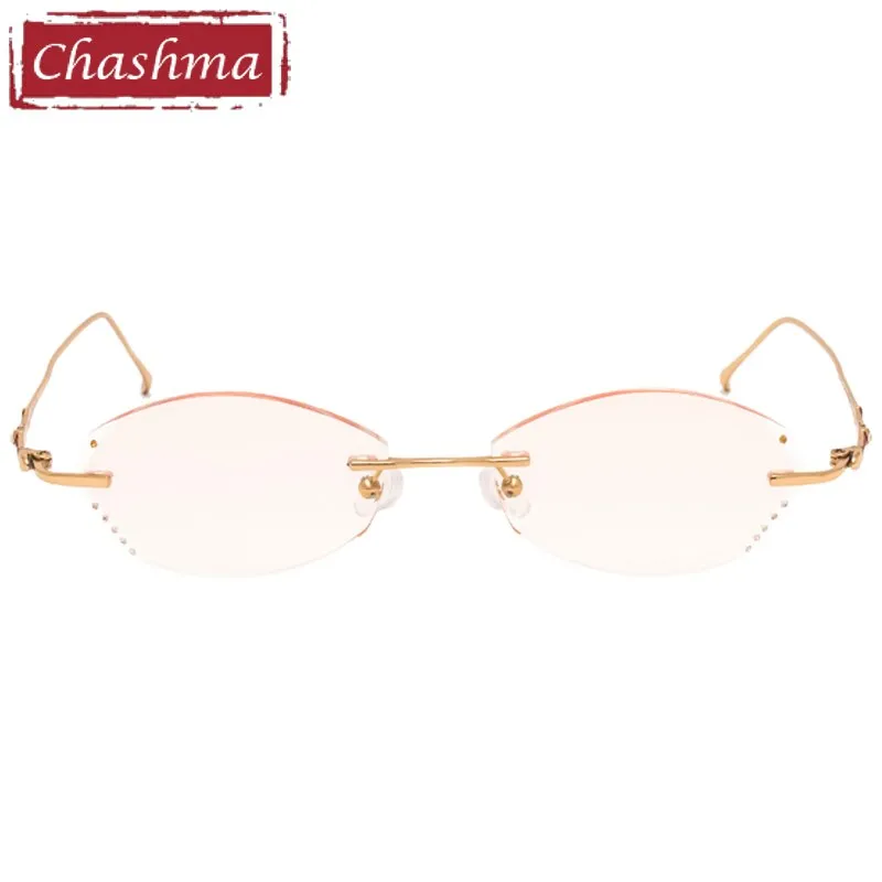 Chashma Women's Eyeglasses Rimless Gold Red Titanium Diamond Trimmed Tint Lens