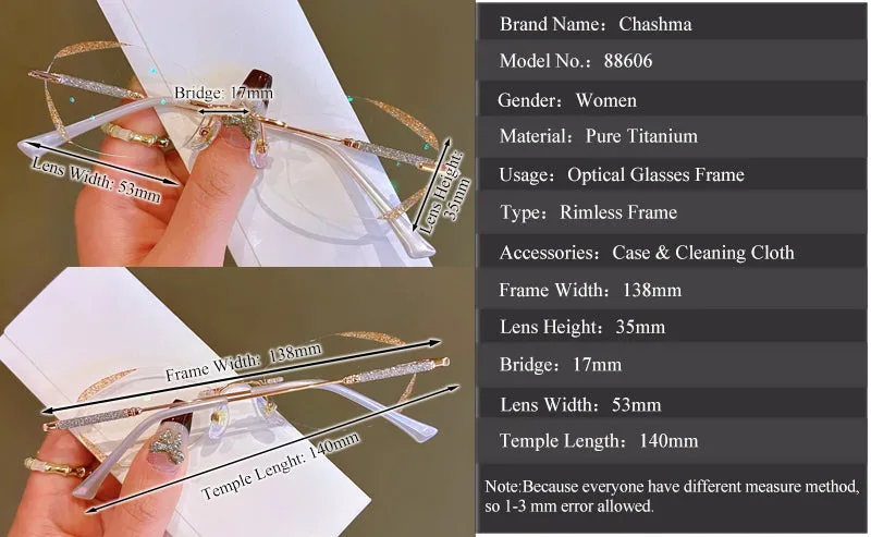 Chashma Women's Rimless Rectangle Titanium Glitter Edge Lens Eyeglasses 88606