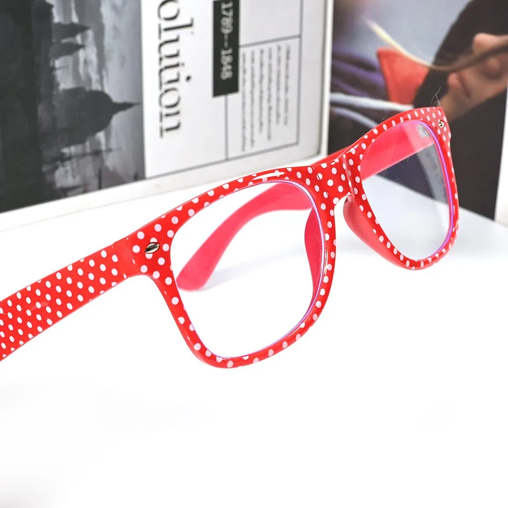 Cubojue Unisex Full Rim Square Red Polka Dot Tr 90 Hyperopic Reading Glasses