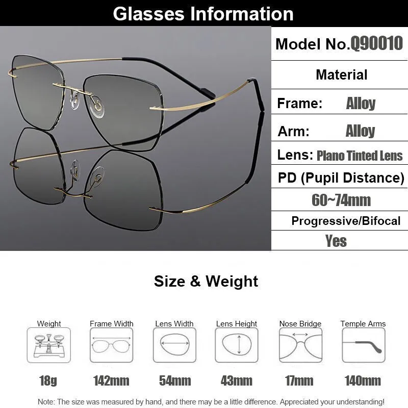 Gmei Men's Eyeglasses Golden Titanium Alloy Rimless Gradient Grey Tint Q90010