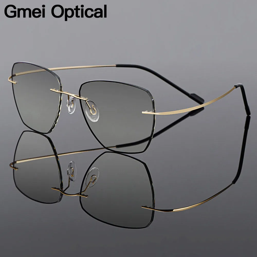 Gmei Men's Eyeglasses Golden Titanium Alloy Rimless Gradient Grey Tint Q90010