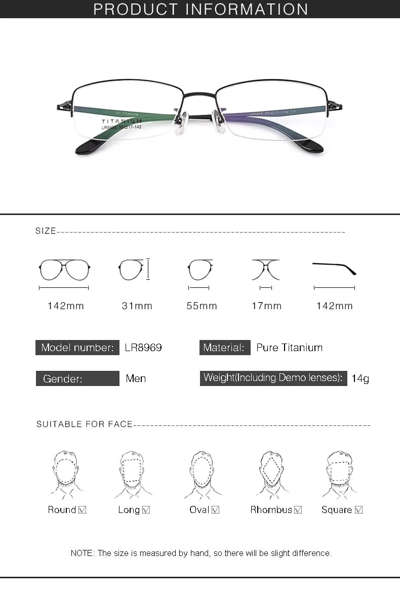 Gmei Men's Eyeglasses Ultralight 100% Pure Titanium Half Rim Lr8969