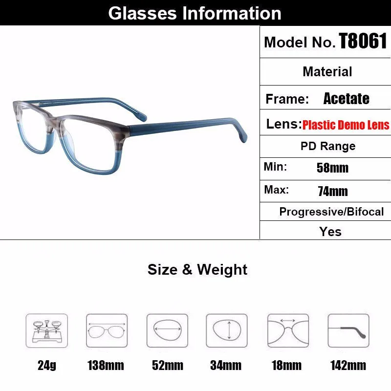 Gmei Unisex Full Rim Square Acetate Spring Hinge Eyeglasses T8061