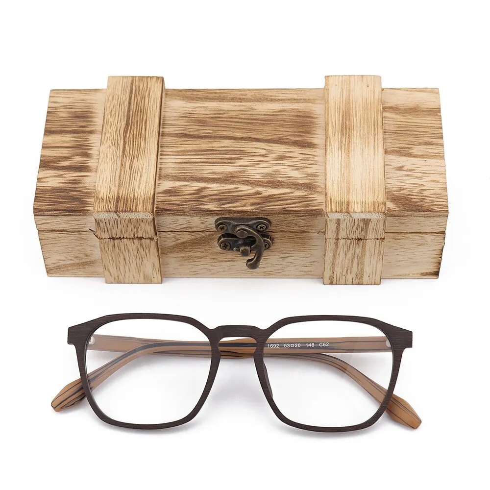 Hdcrafter Men's Full Rim Oversized Square Wood Frame Eyeglasses 1692