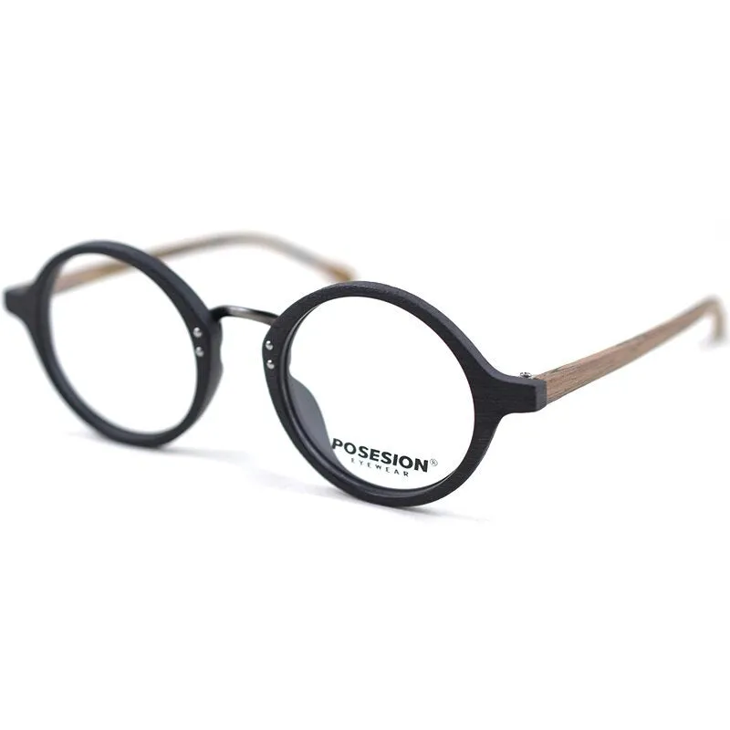 Hdcrafter Men's Full Rim Round Metal Wood Frame Eyeglasses Ps6084