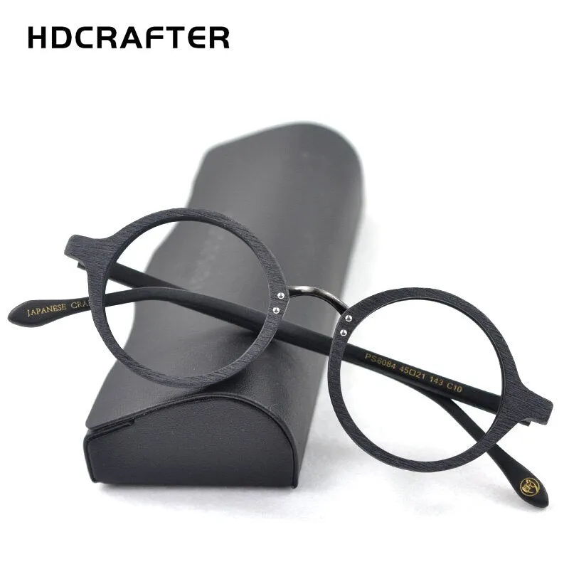 Hdcrafter Men's Full Rim Round Metal Wood Frame Eyeglasses Ps6084