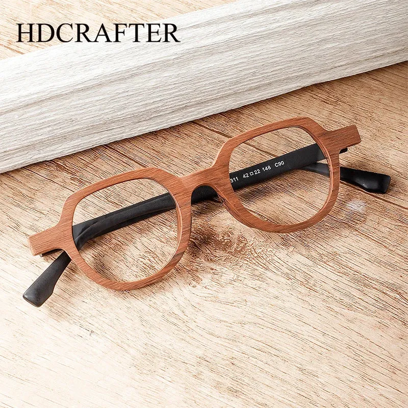 Hdcrafter Unisex Full Rim Flat Top Round Wood Eyeglasses 2311